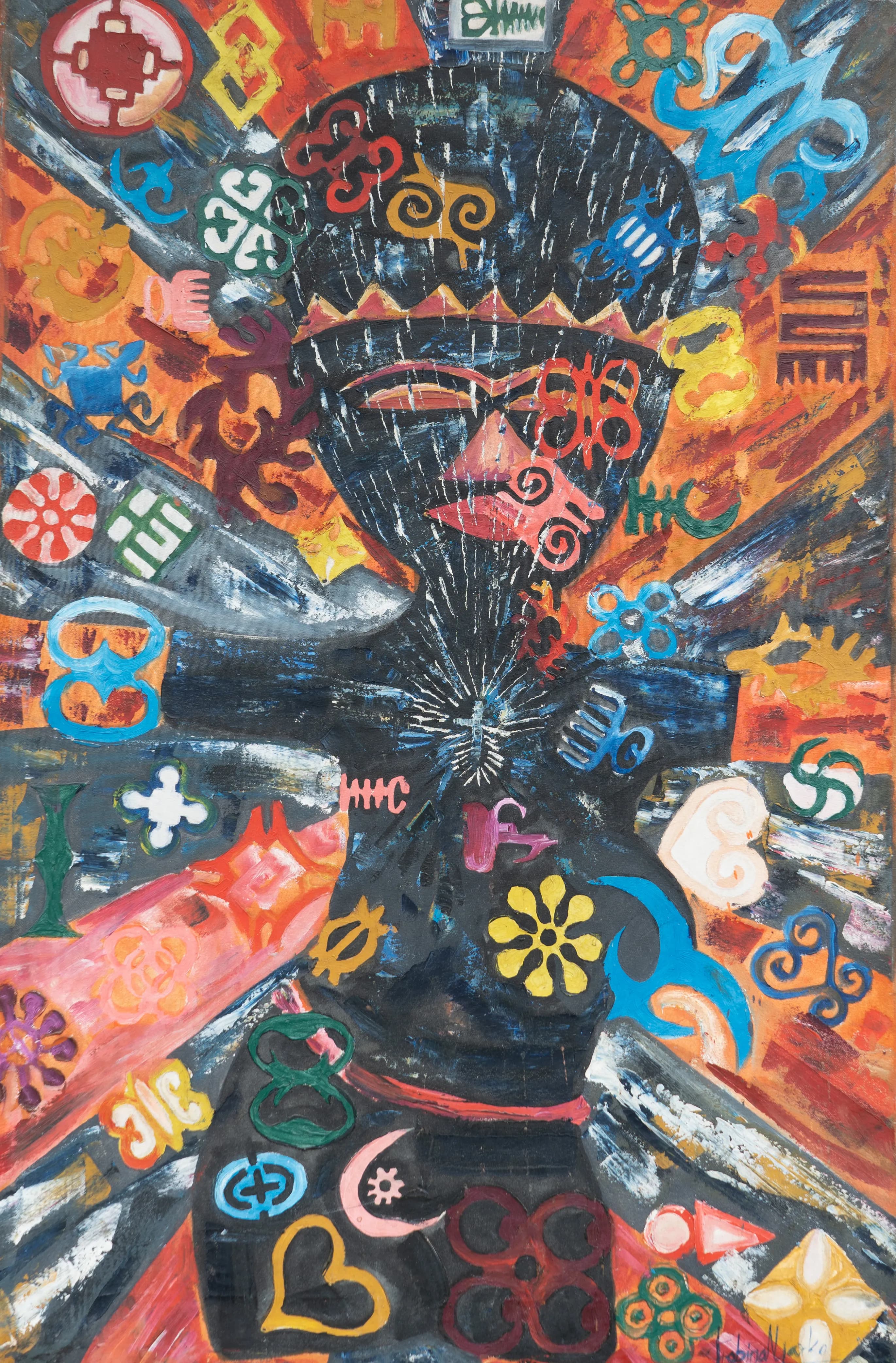 Kobina Nyarko, earlier painting — a figure covered in adinkra symbols