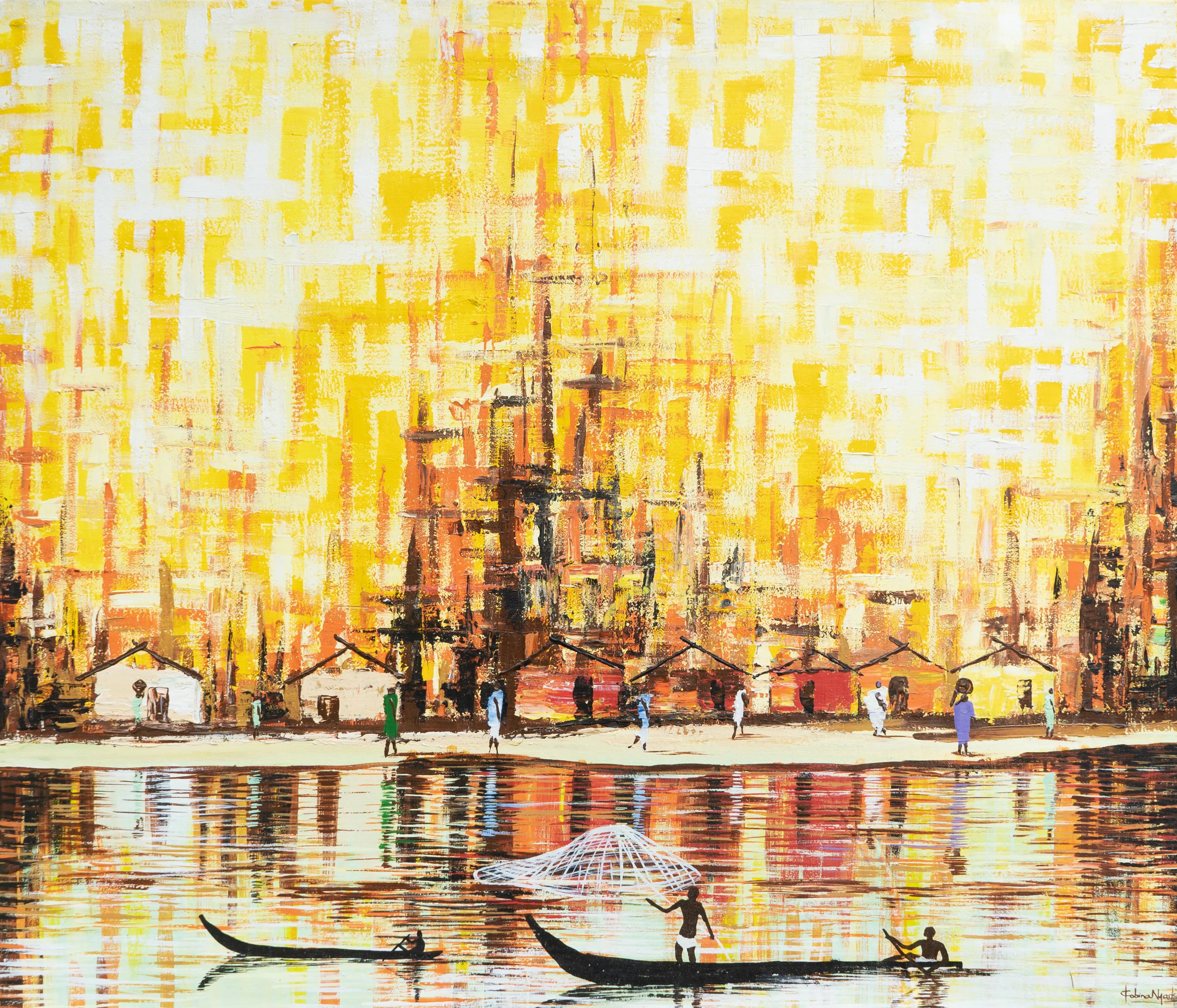 Kobina Nyarko, earlier painting — a gold harbour scene with fishermen