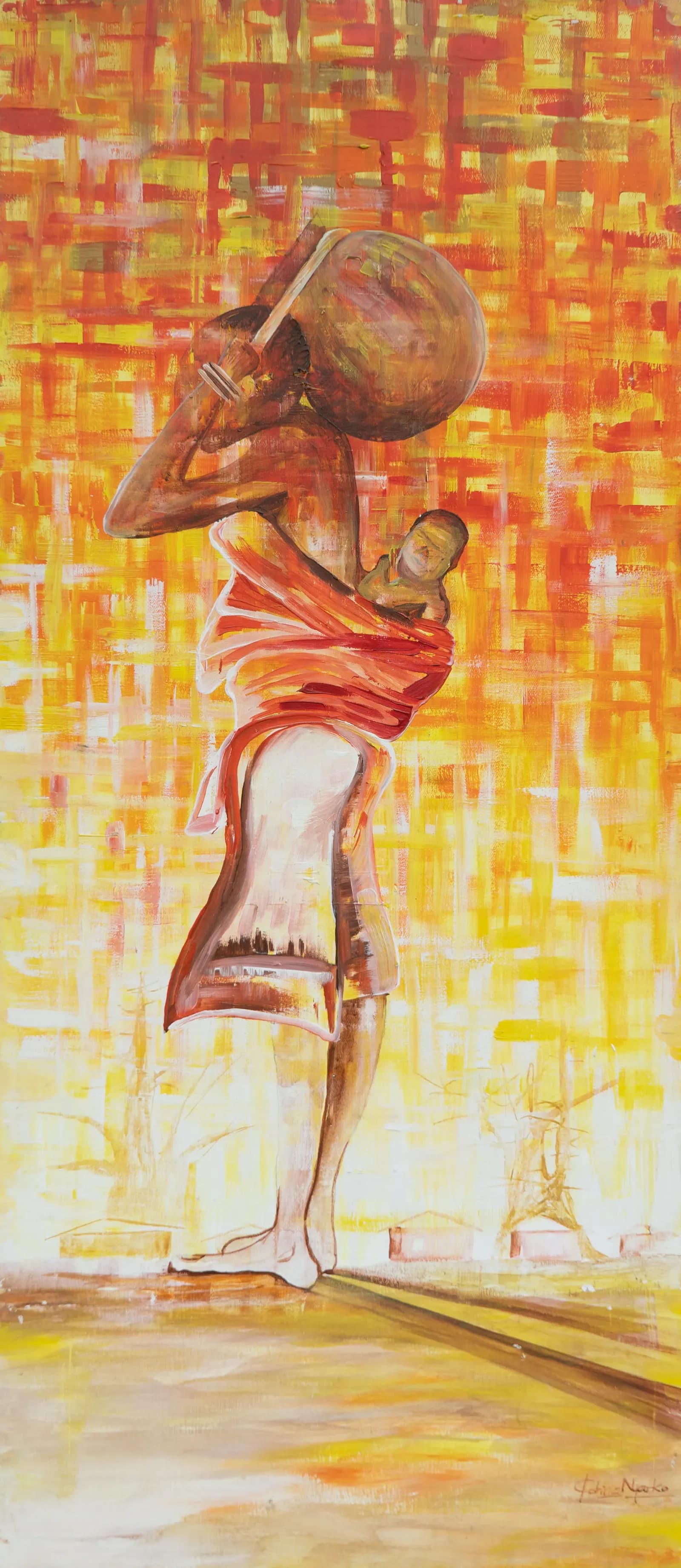 Kobina Nyarko, earlier painting — a woman carrying a pot with a baby on her back